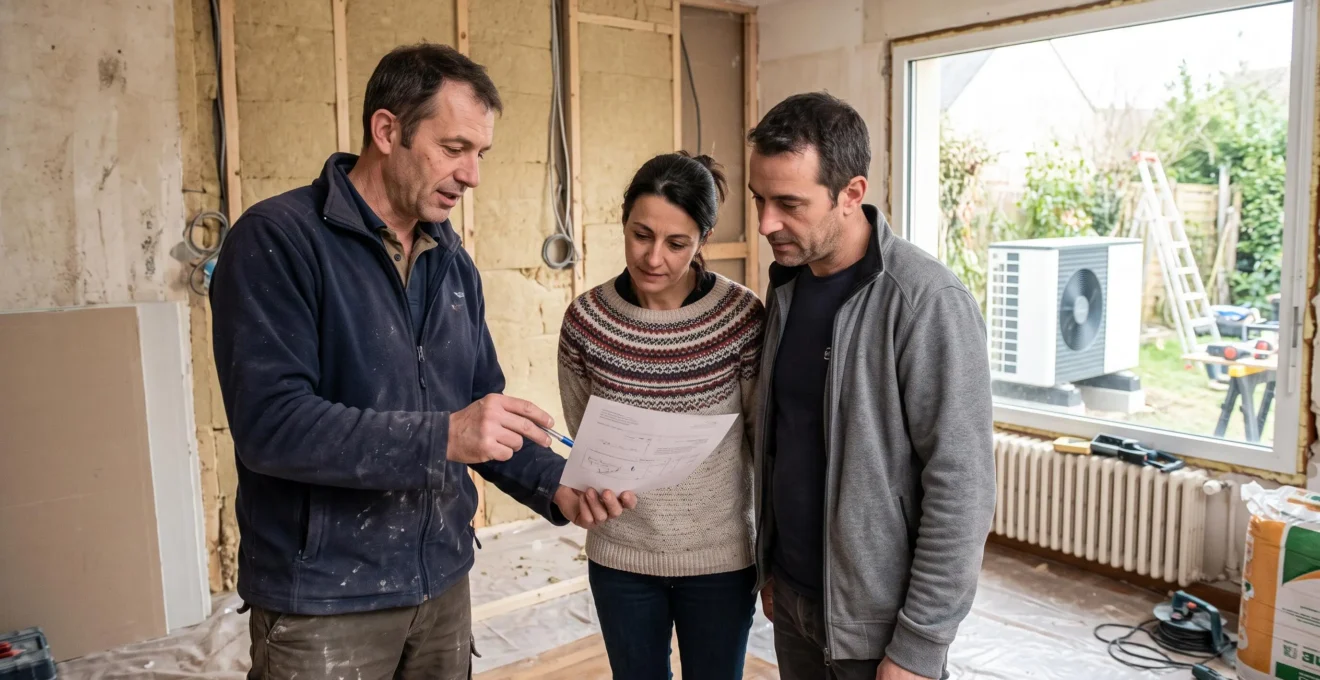 Un conseiller en rénovation énergétique présente un devis de travaux à un couple de propriétaires dans une maison en cours de rénovation.