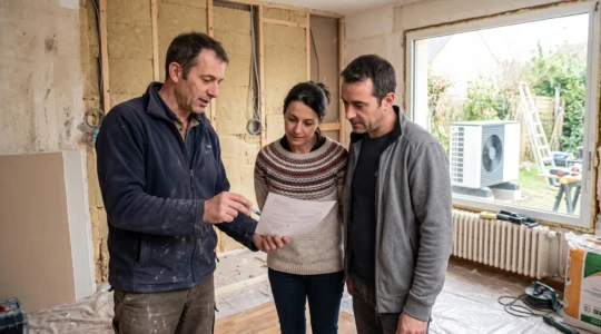 Un conseiller en rénovation énergétique présente un devis de travaux à un couple de propriétaires dans une maison en cours de rénovation.