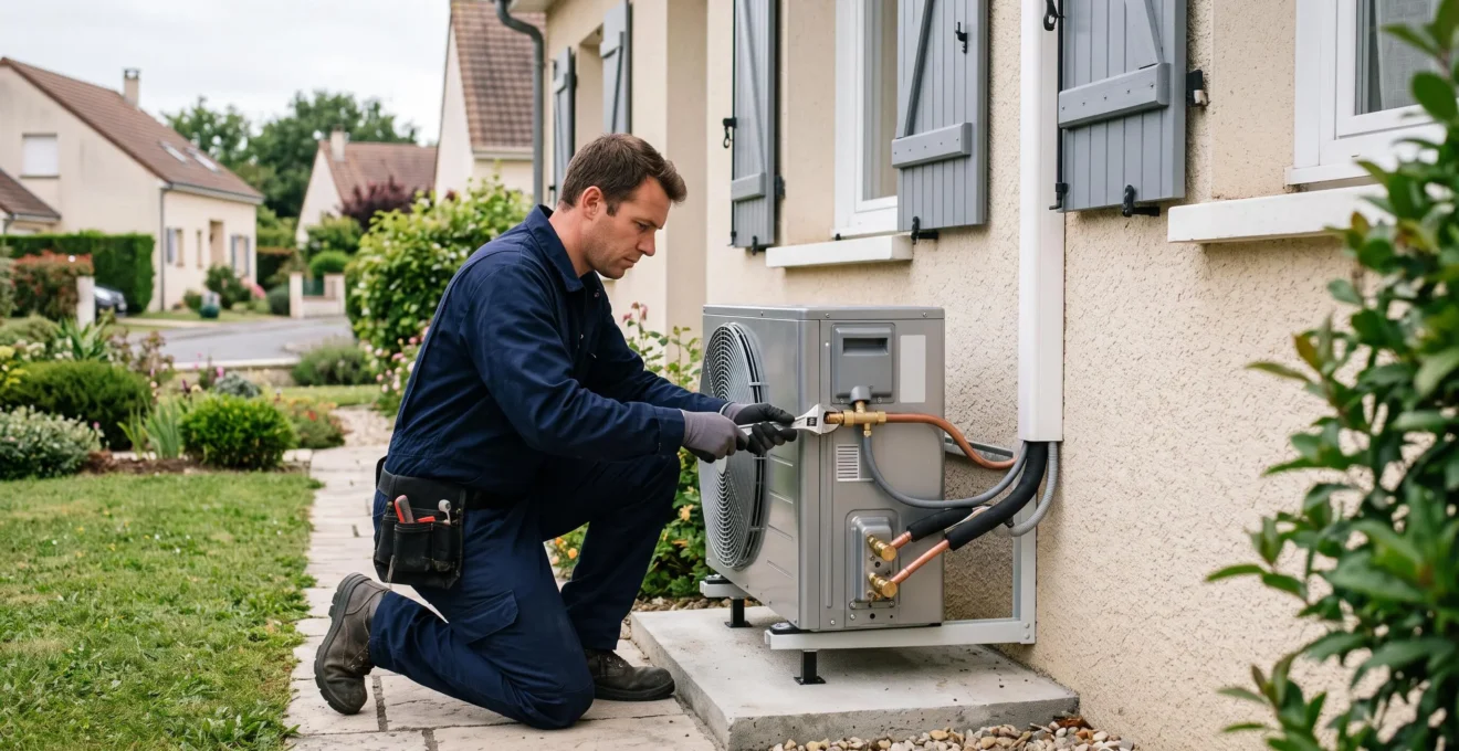 Un technicien installe une unité extérieure de pompe à chaleur le long d'une maison individuelle.